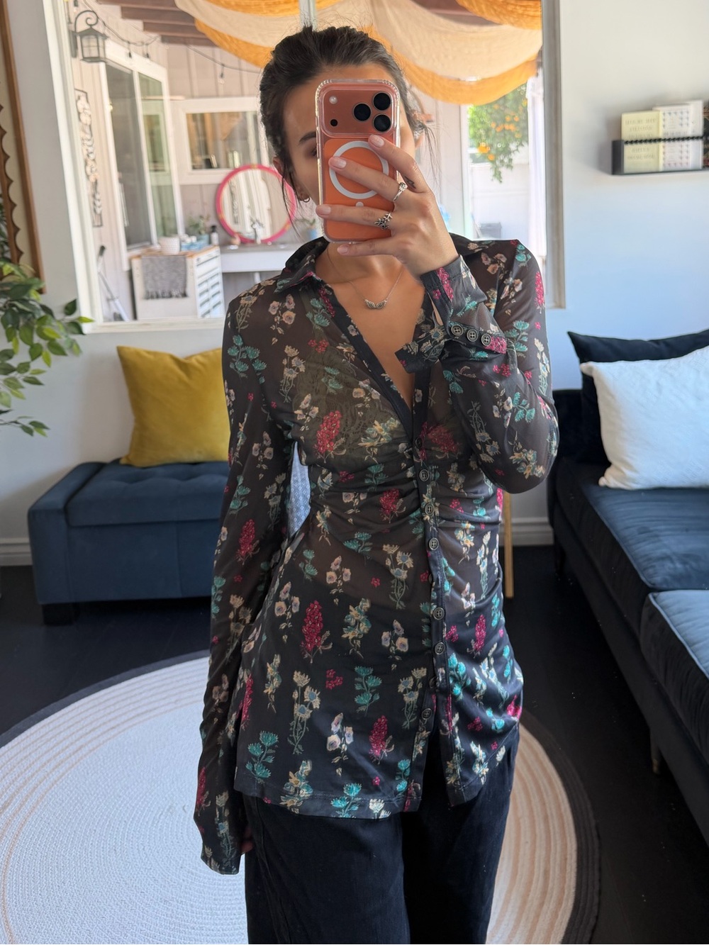 NATURAL LIFE Sheer Black Floral Long-Sleeve Ruched Button Shirt (M)